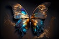 Artistic painting of a surreal butterfly made of bioluminescent seaglass. Splattered oil backlit.
