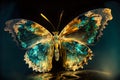 Artistic painting of a surreal butterfly made of bioluminescent seaglass. Splattered oil backlit.