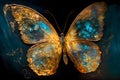 Artistic painting of a surreal butterfly made of bioluminescent seaglass. Splattered oil backlit.