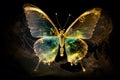 Artistic painting of a surreal butterfly made of bioluminescent seaglass. Splattered oil backlit.