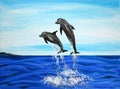 Artistic painting two dolphins jumping over the sea Royalty Free Stock Photo