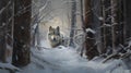 an artistic painting of a wolf in the snow by trees Royalty Free Stock Photo