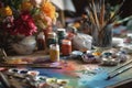 Artistic Paints and Brushes on Painter's Desk