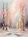 Artistic Palette Knife Illustration Of A Painting With Birch Wood Trees In The Snow