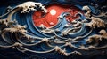 Artistic paper representation of ocean waves in blue with a red sun in the background. AI-generated.