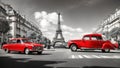 Artistic Paris, France. Eiffel Tower seen from the street with red retro limousine car. Royalty Free Stock Photo