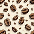 Artistic pattern of roasted coffee beans repeats across light cream background. Various bean sizes and orientations create a Royalty Free Stock Photo
