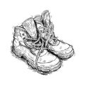 Hand Drawing of Pair of Worn Hiking Boots