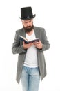 Artistic person. Talented artist. Bearded man read book isolated on white. Poetry reading. Inspirational book Royalty Free Stock Photo