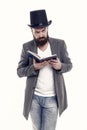 Artistic person. Talented artist. Bearded man read book isolated on white. Poetry reading. Inspirational book Royalty Free Stock Photo