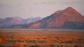 Artistic photo of Namib desert landscape with antelope Gemsbok, Oryx gazella  against rocky mountains of Namib Desert. Sunset in Royalty Free Stock Photo