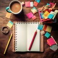 artistic photo workspace to do list with coffee and cuts of paper and pencil with note book on wide wood desk, ai genetated Royalty Free Stock Photo