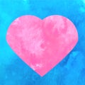 Artistic pink heart symbol on blue watercolor texture background. Vector illustration