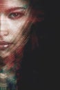 Artistic portrait of young woman double exposure half face closeup