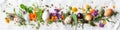 Colorful assortment of herbs wildflowers and quail eggs arranged on linen fabric Royalty Free Stock Photo