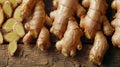 Artistic presentation of fresh ginger carefully arranged on a rustic wooden table