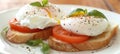Artistic presentation of gourmet sandwich with poached eggs in professional food photography