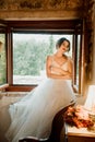 Artistic processing Fantasy girl princess in WHITE WEDDING dress stands in medieval CASTLE room looking vintage window Royalty Free Stock Photo