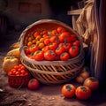 Artistic recreation of a basket with red tomatoes. Illustration AI