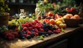 Artistic recreation of fruits in a kitchen table together a window at sunset, red grapes, blackberries, strawberries Royalty Free Stock Photo