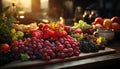 Artistic recreation of fruits in a kitchen table together a window at sunset, red grapes, blackberries, strawberries
