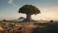 Artistic recreation of landscape with big baobab tree with birds flying around a sunny day Royalty Free Stock Photo