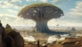 Artistic recreation of landscape with big baobab tree with birds flying around a sunny day Royalty Free Stock Photo