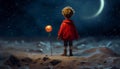 The Little Prince and a red rose from back looking a waning moon in the night.