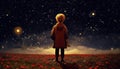 The Little Prince in a roses field viewing the firmament full of stars