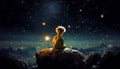 Recreation of The Little Prince sit down in a high mountain together a star shape light viewing the firmament full of stars Royalty Free Stock Photo
