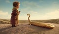 Recreation of The Little Prince and the snake in the desert, personages from The Little Prince, novel by Antoine de Saint-ExupÃ©ry Royalty Free Stock Photo