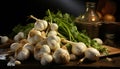 Artistic recreation of a still life of garlic heads in a classic kitchen