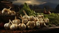 Artistic recreation of a still life of garlic heads in field a cloudy day at sunset