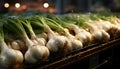 Artistic recreation of a still life of garlic heads in a market stall