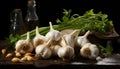 Artistic recreation of a still life of garlic heads and tooth garlics over a wood table kitchen