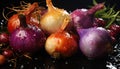 Artistic recreation of a still life of red onions with drops water in the floor