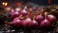 Artistic recreation of a still life of red onions with drops water in the floor