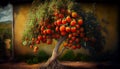 Artistic recreation of tree with red tomatoes hanging on branch in a field