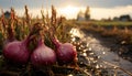 Artistic recreation wet red onions in a field at sunset