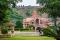 artistic red stone jain temple at morning from unique angle