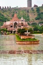 artistic red stone jain temple at morning from unique angle