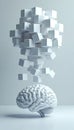 Artistic render of a brain with falling digital cubes. The image symbolizes ideas thought innovation. Modern graphic art for the Royalty Free Stock Photo