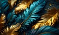 Artistic Render of Luxurious Metallic Feathers in Gold and Teal Hues, a Symbolic Composition of Elegance and Grace on a Dark Royalty Free Stock Photo