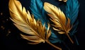 Artistic Render of Luxurious Metallic Feathers in Gold and Teal Hues, a Symbolic Composition of Elegance and Grace on a Dark Royalty Free Stock Photo