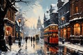 Winter Cityscape with Vintage Tram and Snowy Streets. AI generation