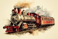 Artistic rendering of a classic red steam train, with a vintage feel and puffing smoke