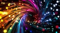 An artistic rendering of colored electric cables and optical fibers, spiraling outwards with LED