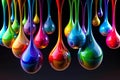 3D multicolor glossy paint drop blobs on black background