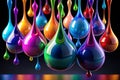 3D multicolor glossy paint drop blobs on black background