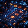An artistic rendering of a high-tech motherboard, featuring advanced LED lighting that accentuates its intricate circuit